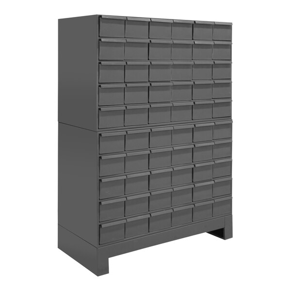 A large gray metal Durham storage cabinet with many drawers.