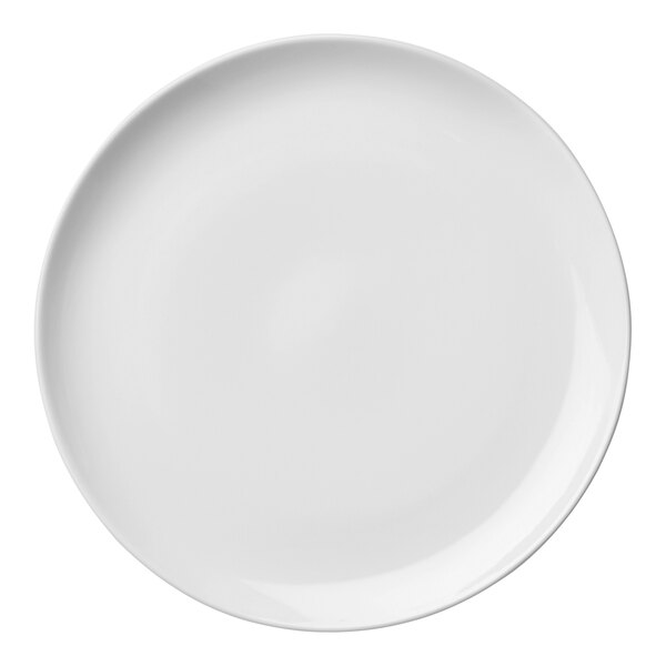 A white Luzerne porcelain coupe plate with a white rim.