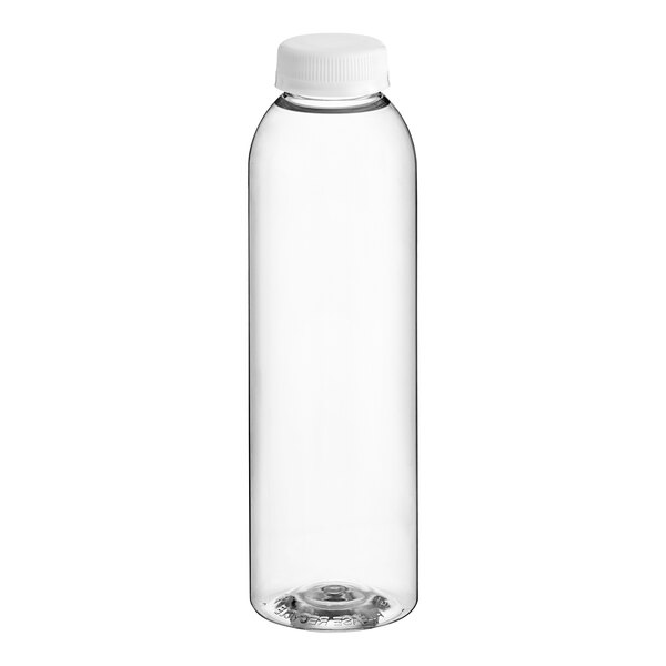 A clear plastic juice bottle with a white lid.