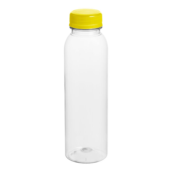 A clear plastic bottle with a yellow cap.