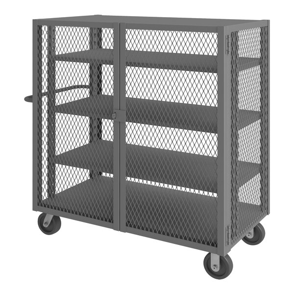 A grey metal Durham cage truck with three adjustable shelves on wheels.