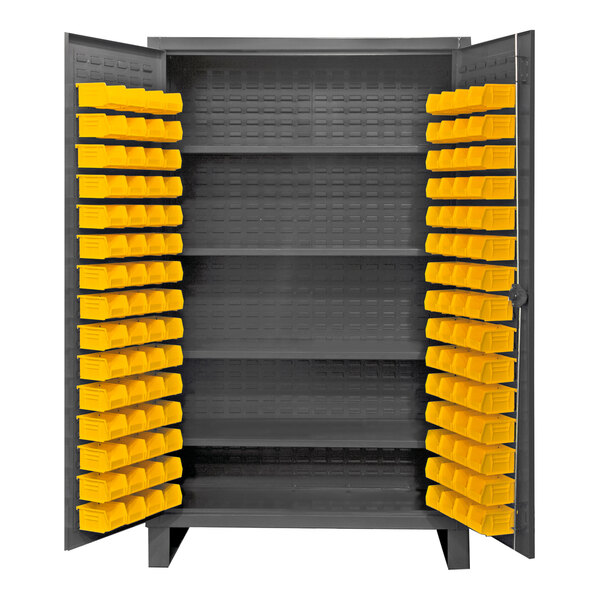 A Durham steel storage cabinet with yellow bins.