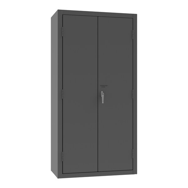 A 36" wide gray metal cabinet with two lockable doors.