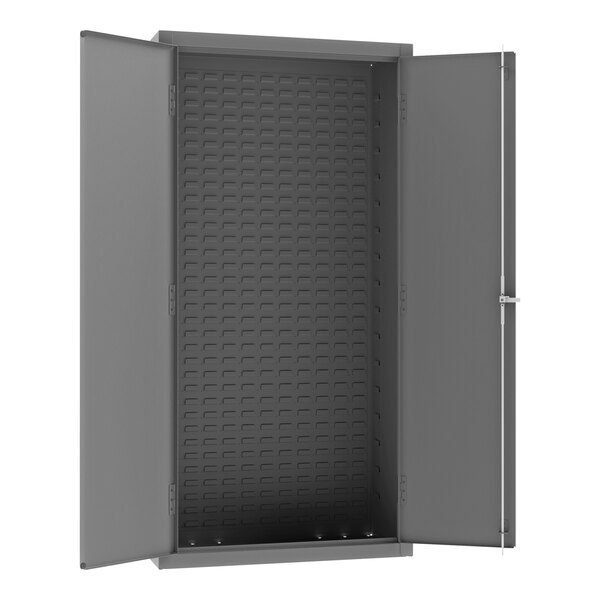 A gray metal cabinet with a door open.