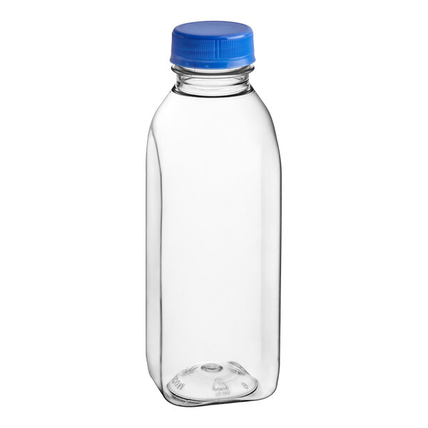 A clear plastic 16 oz. Square Milkman juice bottle with a royal blue lid.