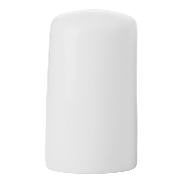 A white porcelain salt shaker with a black lid.