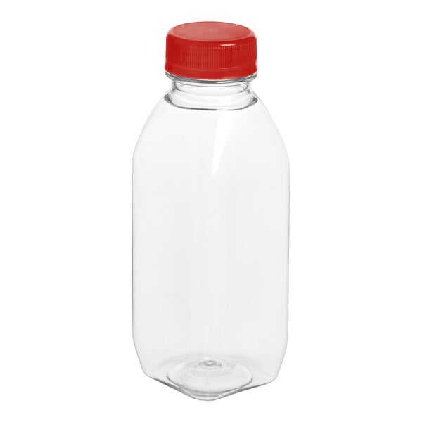 A clear plastic 12 oz. Square Milkman juice bottle with a red lid.
