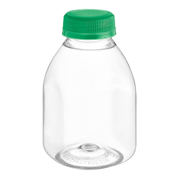 An 8 oz. clear PET plastic juice bottle with a green cap.