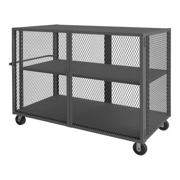 A grey metal Durham cage truck with two shelves on wheels.