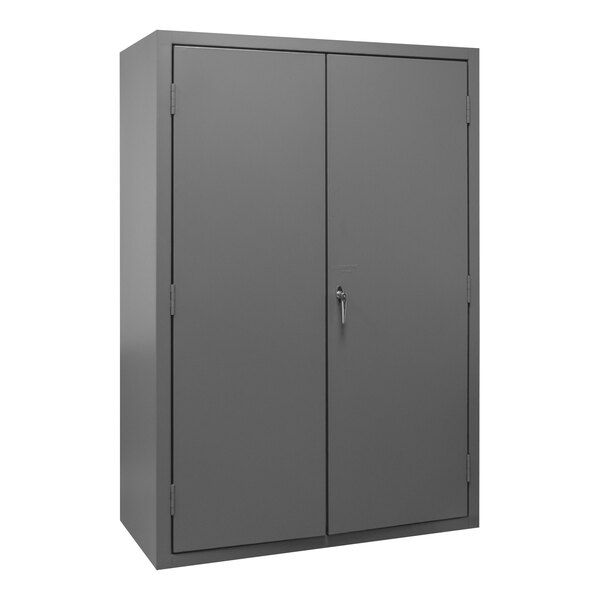 A grey metal Durham storage cabinet with two doors.
