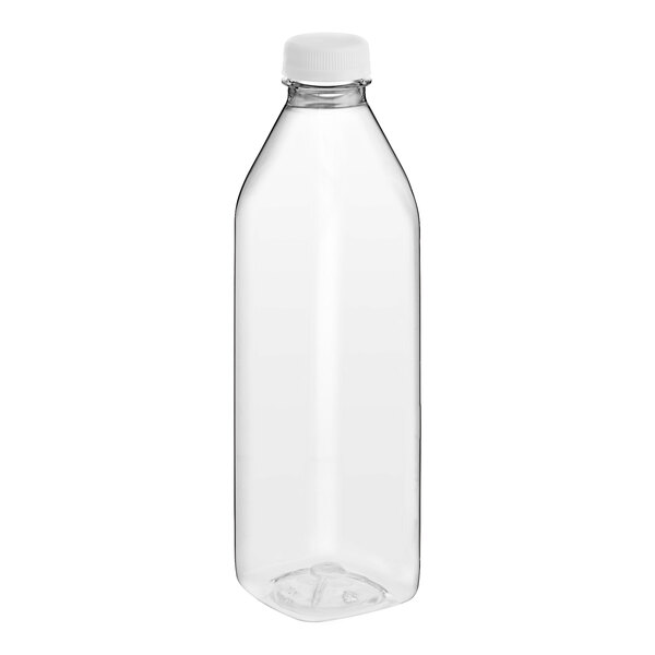 A 32 oz. clear PET square juice bottle with a white lid.