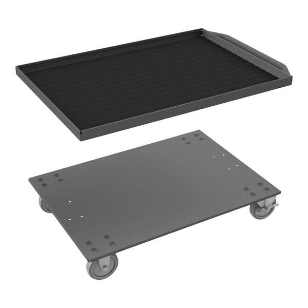 A black metal mobile base with wheels for Durham drawer cabinets and storage bin shelves.