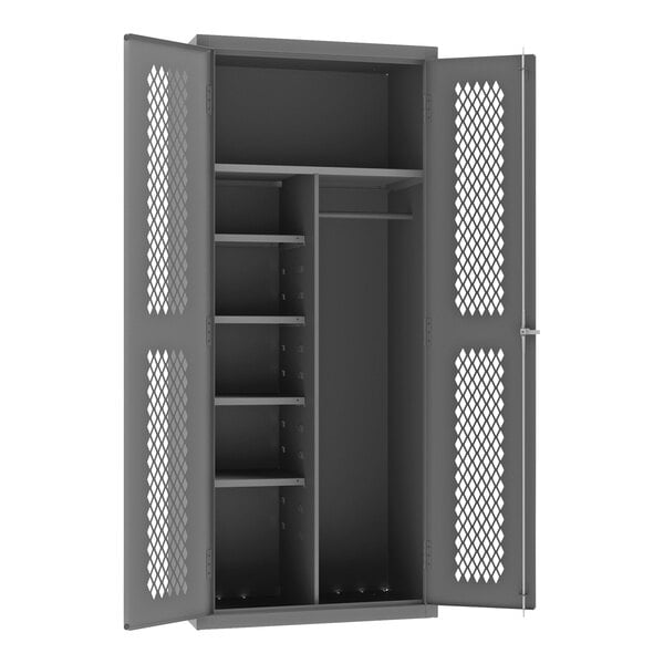 A grey metal locker with shelves and a recessed door with white diamond-shaped holes.