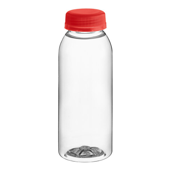 An 8 oz. clear plastic juice bottle with a red cap.