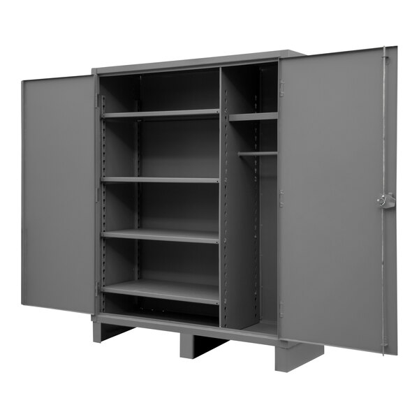 A grey metal Durham Mfg wardrobe cabinet with shelves.