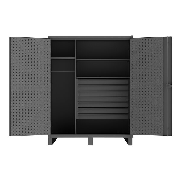 A gray Durham Manufacturing steel wardrobe cabinet with open doors.