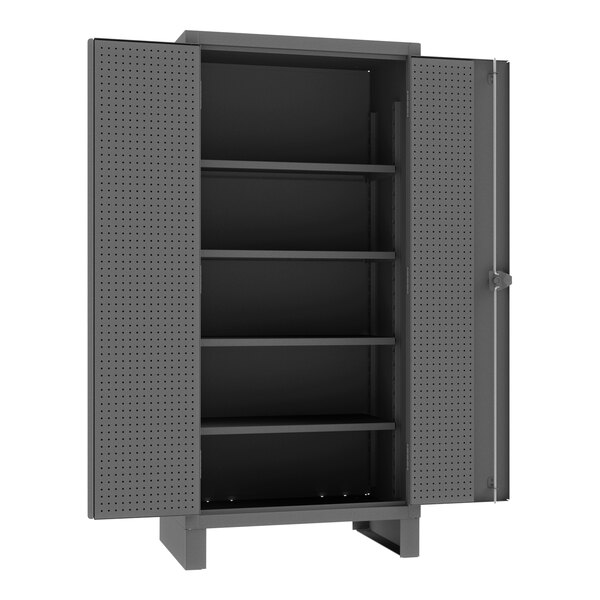 A black metal Durham storage cabinet with shelves.