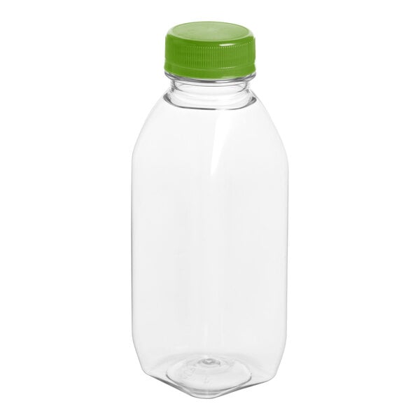 A clear plastic 12 oz. Square Milkman juice bottle with a lime green lid.