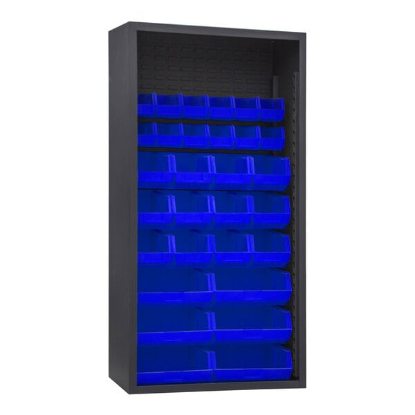 A black metal Durham enclosed bin rack with blue bins inside.