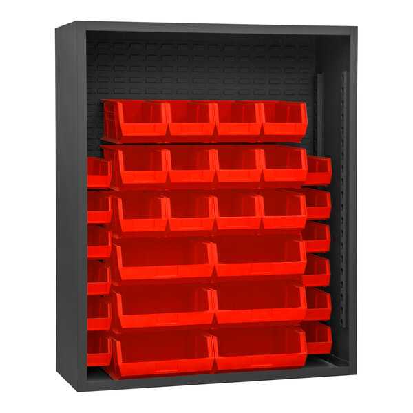 A black metal cabinet with red rectangular bins inside.