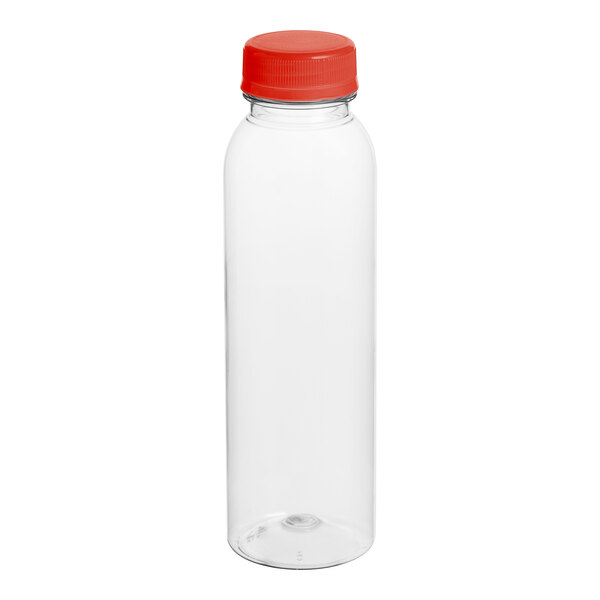 A clear plastic bottle with a red cap.