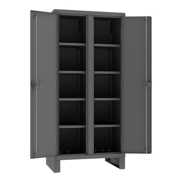 A gray metal cabinet with shelves and lockable doors.