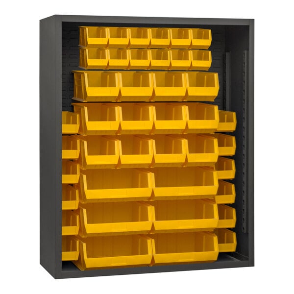 A black metal Durham Mfg storage cabinet with yellow bins inside.