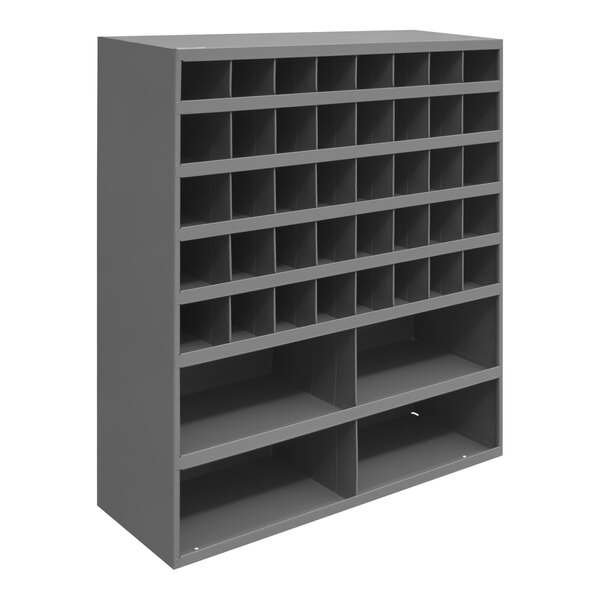 A grey shelf with many compartments.