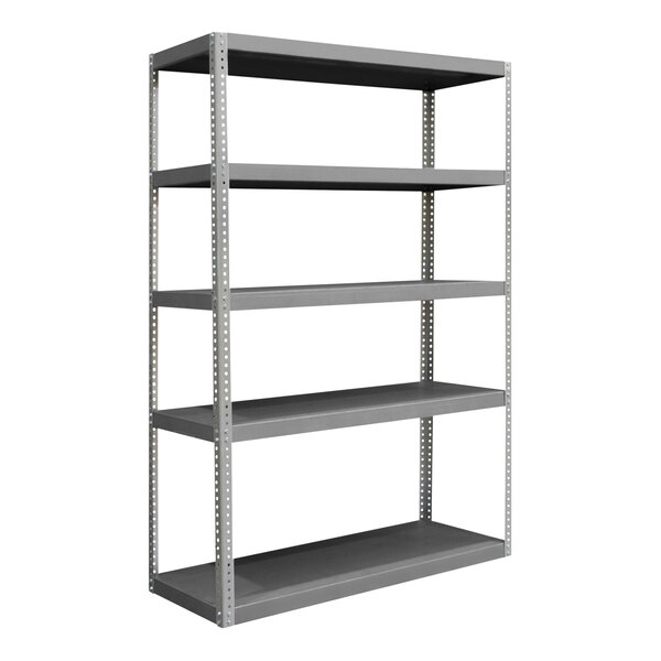 A grey Durham Mfg heavy-duty steel shelving unit with five shelves.