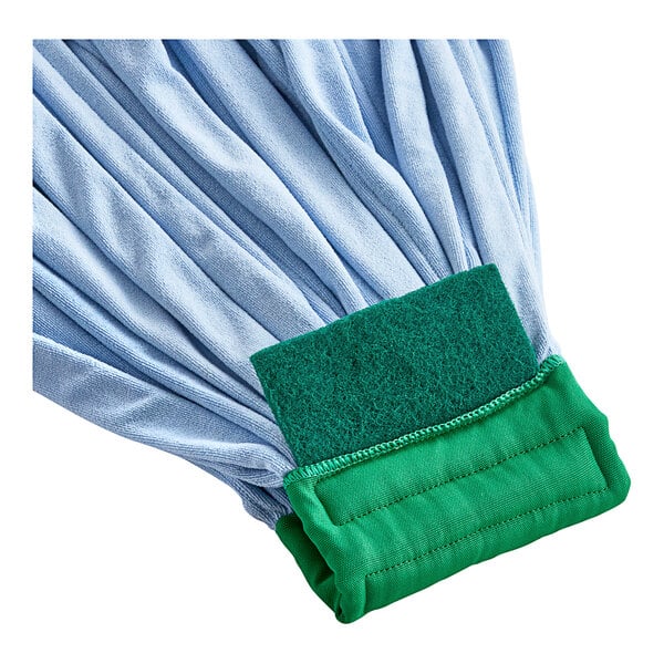 A blue microfiber cloth with a green headband.
