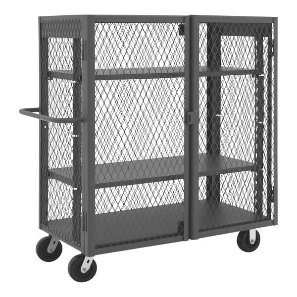 A Durham 3-shelf steel cage cart with wire mesh doors and wheels.