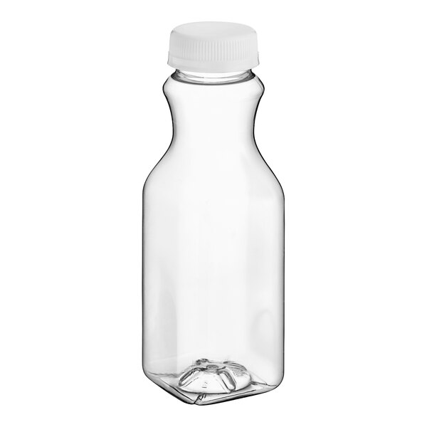 A clear plastic 10 oz. square carafe juice bottle with a white lid.
