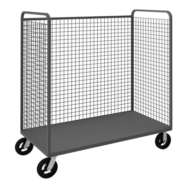 A gray metal Durham Mfg stock picking cart with a wire mesh frame on wheels.