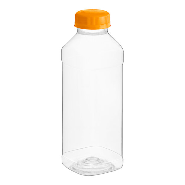 A clear plastic square juice bottle with an orange lid.
