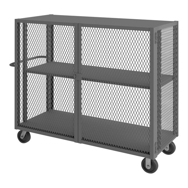 A gray steel Durham Mfg cage truck with two shelves.