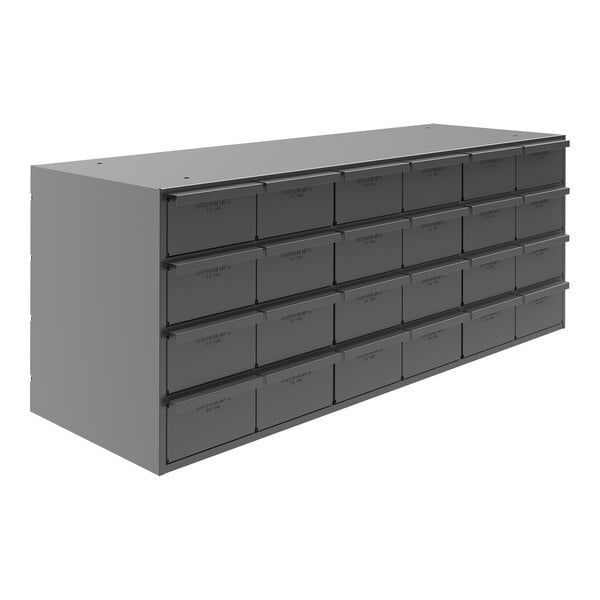 A grey metal Durham storage cabinet with 24 drawers.