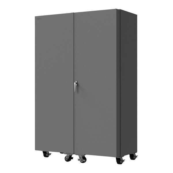 A grey Durham Mobile Storage Cabinet with yellow bins on wheels.