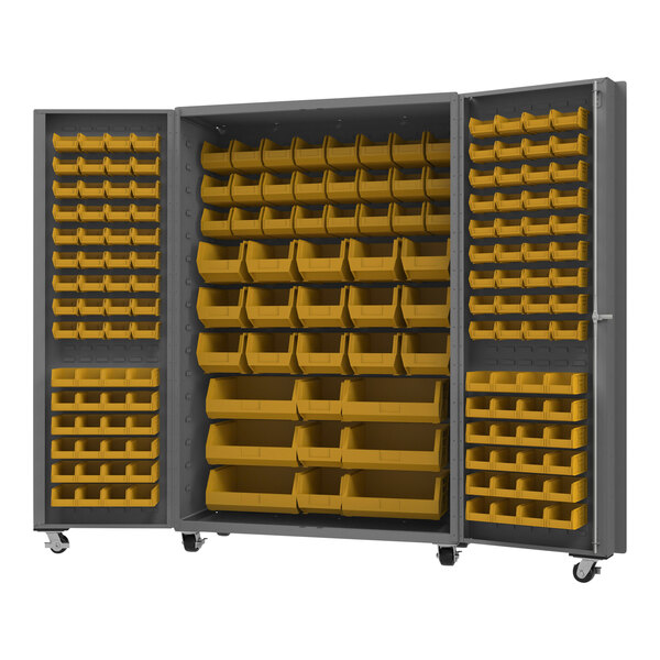 A large gray metal Durham storage cabinet with yellow bins on shelves.