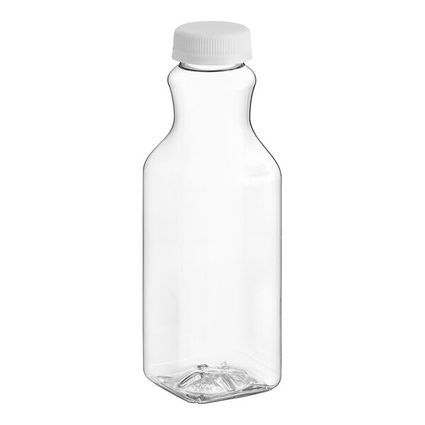 A clear plastic square carafe juice bottle with a white lid.