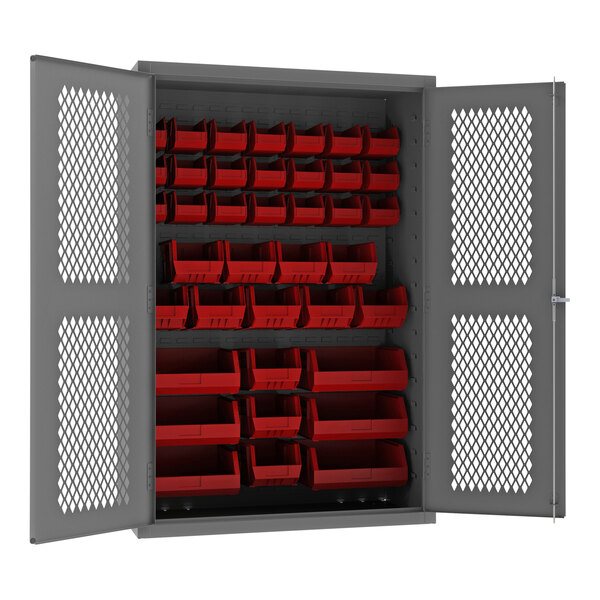 A Durham 14 gauge steel storage cabinet with red bins.
