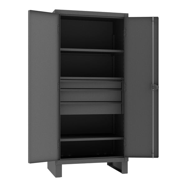 A black metal Durham storage cabinet with open doors and shelves.