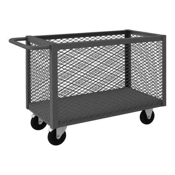 A Durham Manufacturing 4-sided mesh steel cart with wheels.