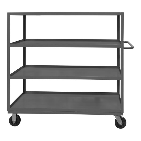 A gray metal Durham stock cart with three shelves and wheels.