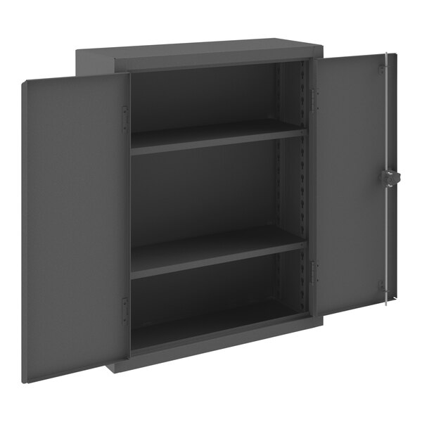 A black metal Durham countertop cabinet with open doors.