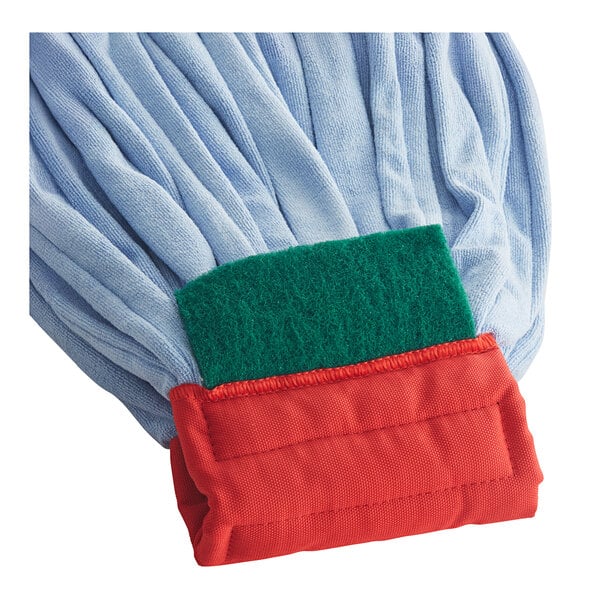 A blue Lavex microfiber tube mop with a red headband.