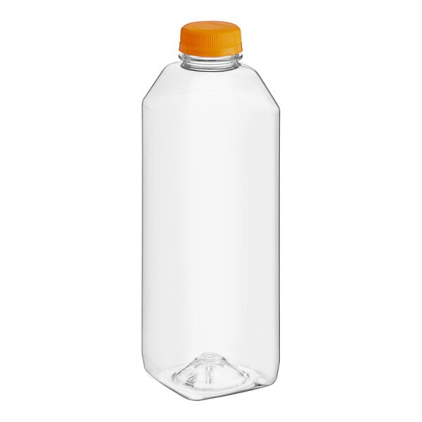 A clear plastic 32 oz. square juice bottle with an orange cap.