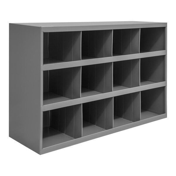 A grey metal shelf with 12 compartments.