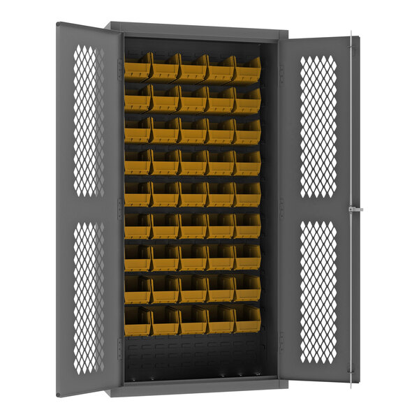 A grey metal Durham storage cabinet with yellow bins on the shelves.