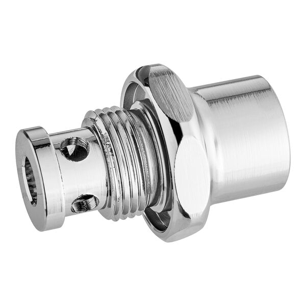 A chrome plated brass squeeze valve bonnet with a nut on a threaded connector.