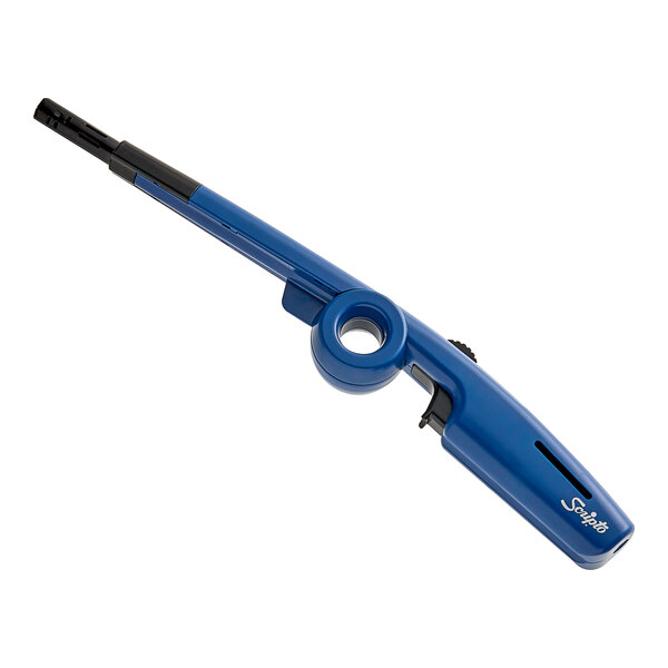 A blue and black Scripto multi-purpose lighter with a circle on the handle.